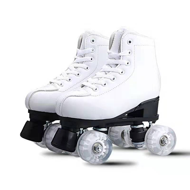 New white leather twinrow skates with flashing wheels Roller skate